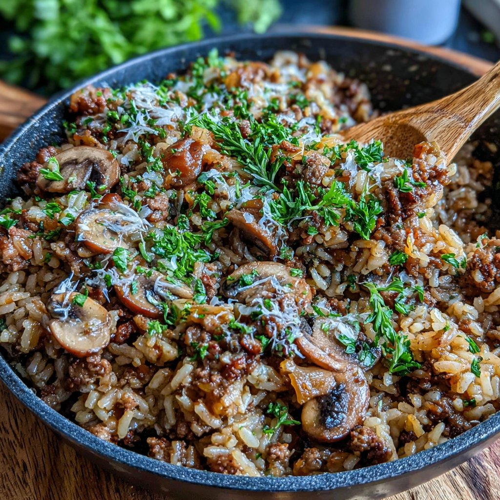 Ground Beef And Mushroom Rice Skillet